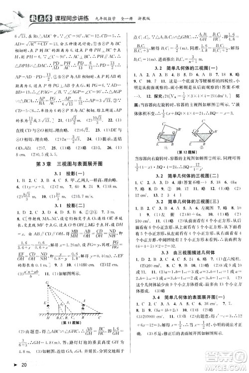 2020秋教与学课程同步讲练九年级数学全一册浙教版参考答案