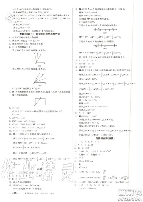 阳光出版社2020秋全品作业本七年级数学上册人教版答案