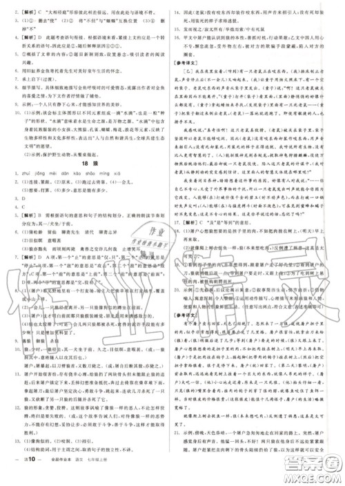 阳光出版社2020秋全品作业本七年级语文上册人教版答案