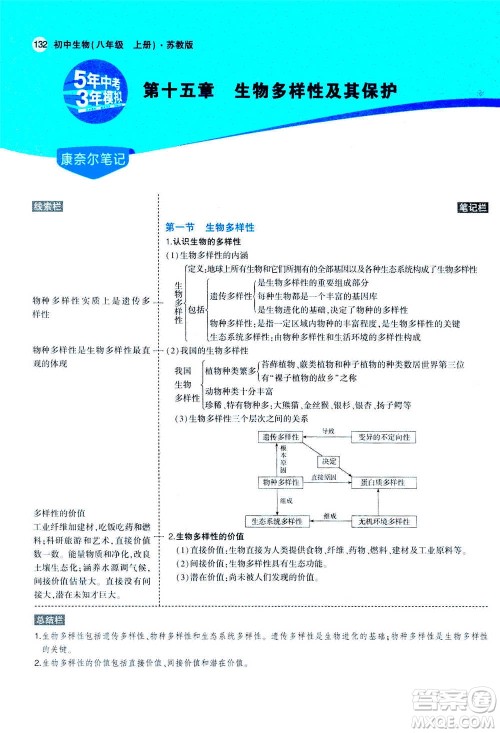 2020秋5年中考3年模拟全练版全解版初中生物八年级上册苏教版参考答案