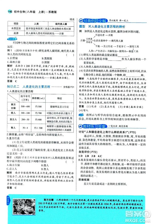 2020秋5年中考3年模拟全练版全解版初中生物八年级上册苏教版参考答案