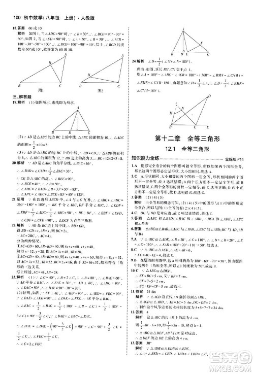 2020秋5年中考3年模拟全练版全解版初中数学八年级上册人教版参考答案