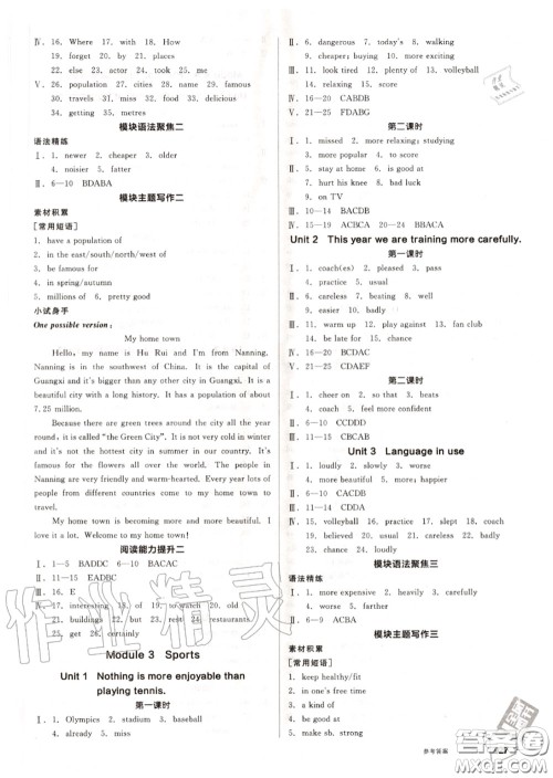 阳光出版社2020秋全品作业本八年级英语上册外研版答案