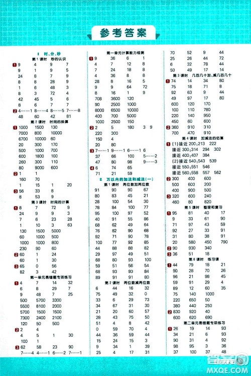 江西教育出版社2020年阳光同学计算小达人数学三年级上册RJ人教版参考答案