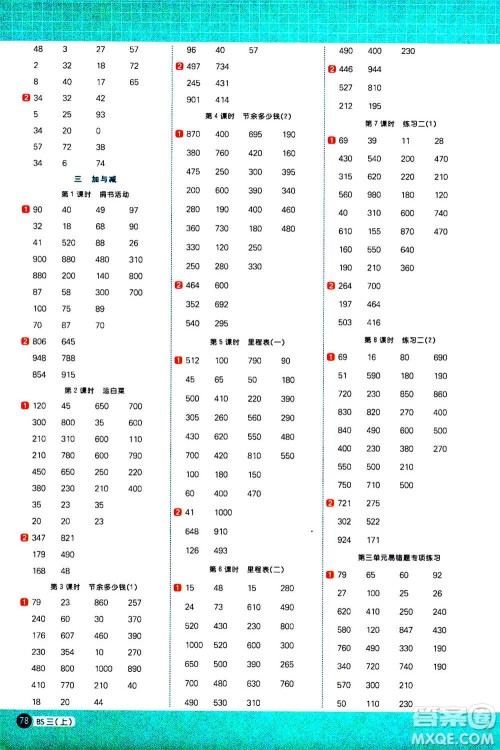 江西教育出版社2020年阳光同学计算小达人数学三年级上册BS北师版参考答案