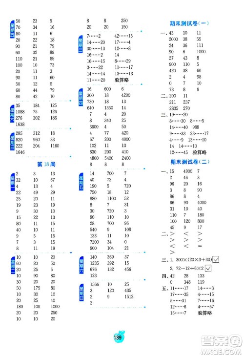 江苏人民出版社2020年小学数学计算高手四年级上册江苏专用参考答案