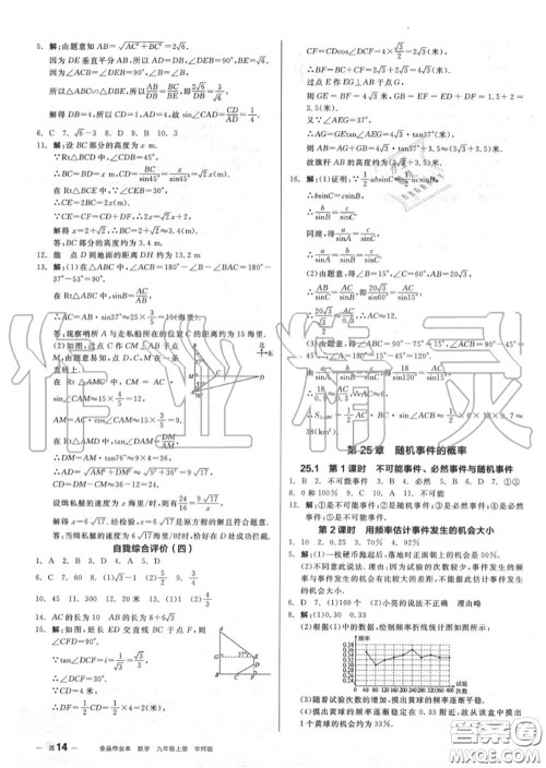 阳光出版社2020秋全品作业本九年级数学上册华师版答案