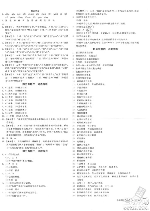 阳光出版社2020秋全品作业本九年级语文上册人教版答案