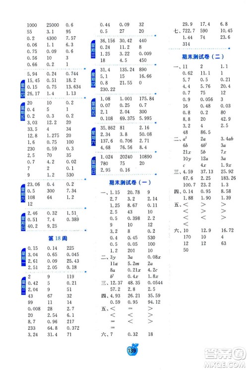 江苏人民出版社2020年小学数学计算高手五年级上册江苏专用参考答案