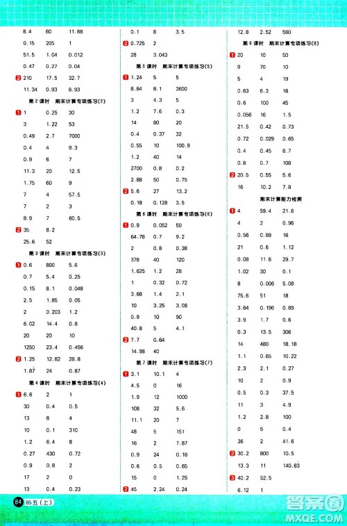 江西教育出版社2020年阳光同学计算小达人数学五年级上册BS北师版参考答案