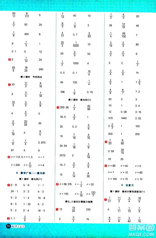 江西教育出版社2020年阳光同学计算小达人数学六年级上册RJ人教版参考答案 江西教育出版社2020年阳光同学计算小达人数学六年级上册RJ人教版参考答案