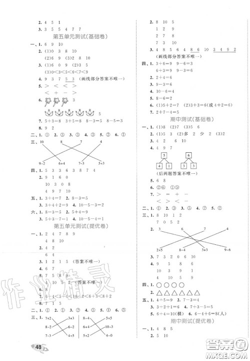 西安出版社曲一线2020秋小儿郎53全优卷一年级数学上册人教版答案