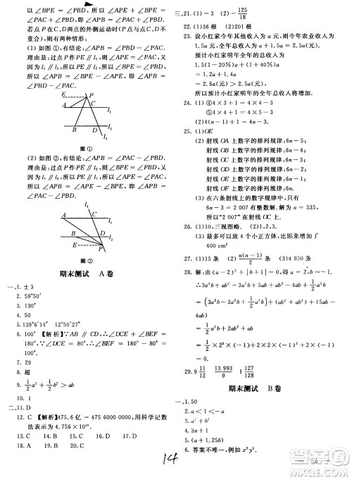 北京教育出版社2020年新课堂AB卷单元测试数学七年级上华东师大版参考答案