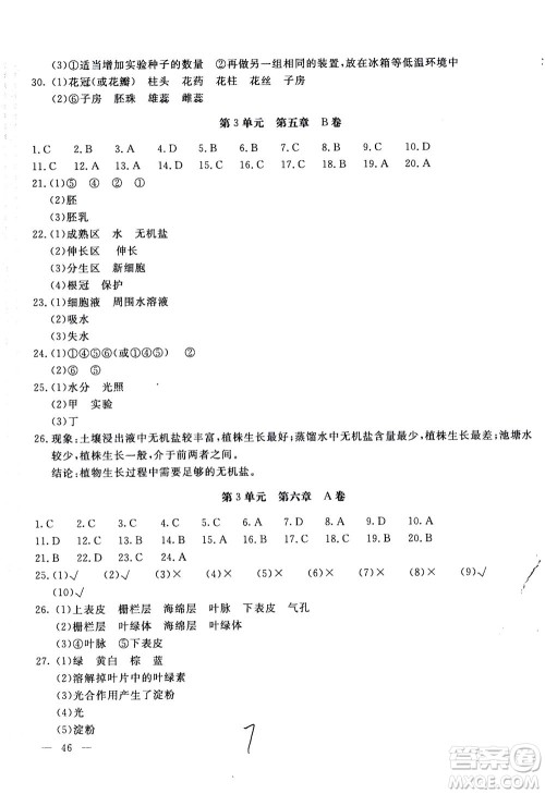 北京教育出版社2020年新课堂AB卷单元测试生物学七年级上江苏版参考答案