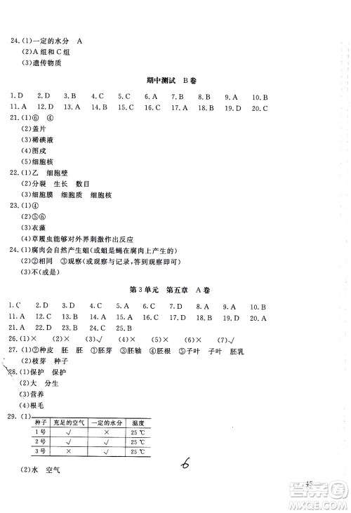 北京教育出版社2020年新课堂AB卷单元测试生物学七年级上江苏版参考答案