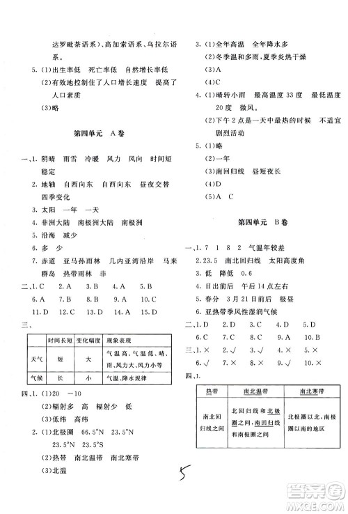 北京教育出版社2020年新课堂AB卷单元测试地理七年级上湖南教育版参考答案