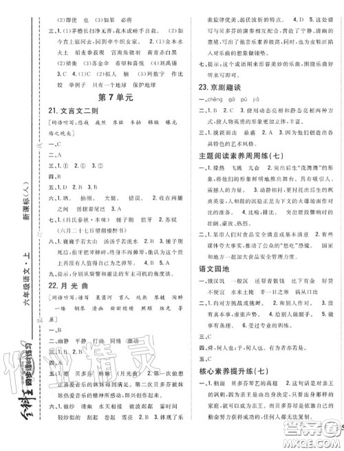 2020秋全科王同步课时练习六年级语文上册人教版答案