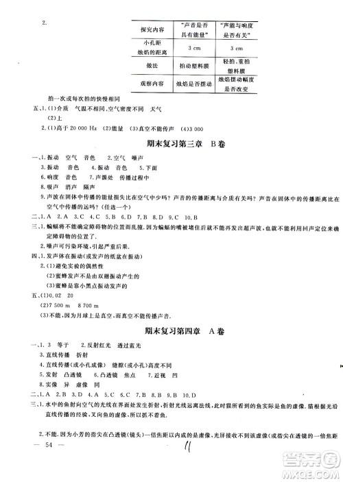 北京教育出版社2020年新课堂AB卷单元测试物理八年级上册上海科技版参考答案