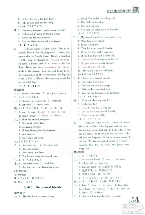 江苏人民出版社2020年实验班提优辅导教程五年级英语上YL译林版参考答案