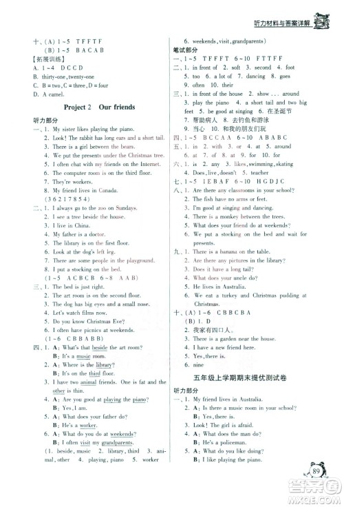 江苏人民出版社2020年实验班提优辅导教程五年级英语上YL译林版参考答案
