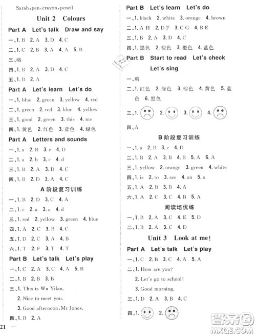 2020秋全科王同步课时练习三年级英语上册人教版答案