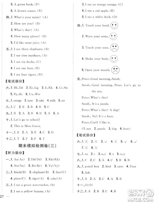 2020秋全科王同步课时练习三年级英语上册人教版答案