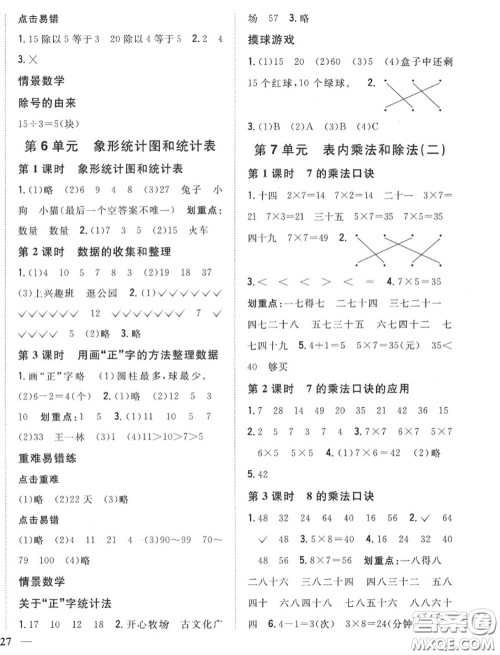 2020秋全科王同步课时练习二年级数学上册冀教版答案 2020秋全科王同步课时练习二年级数学上册冀教版答案