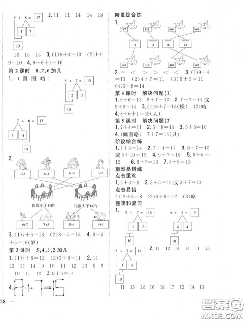 2020秋全科王同步课时练习一年级数学上册人教版答案