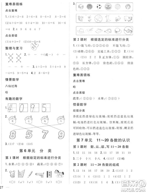 2020秋全科王同步课时练习一年级数学上册冀教版答案