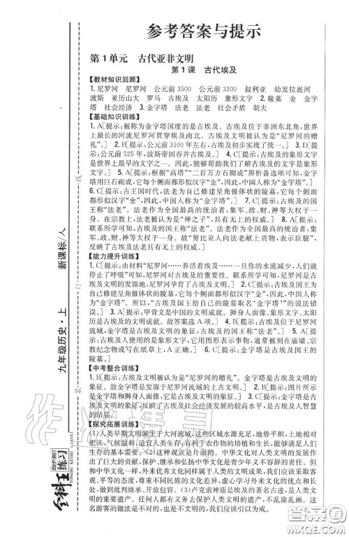 2020秋全科王同步课时练习九年级历史上册人教版答案