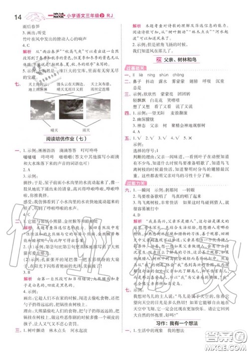 天星教育2020年秋一遍过小学语文三年级上册人教版答案