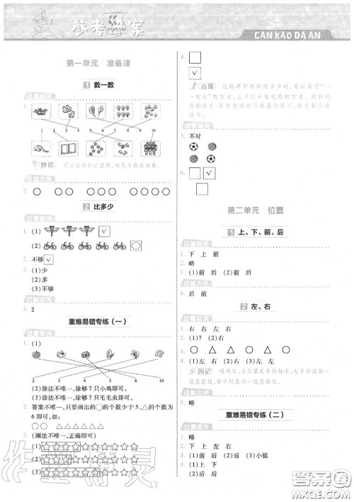 天星教育2020年秋一遍过小学数学一年级上册人教版答案