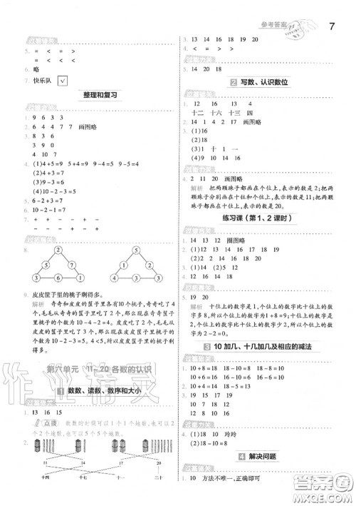 天星教育2020年秋一遍过小学数学一年级上册人教版答案