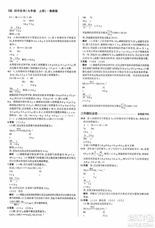 2021版初中同步5年中考3年模拟全练版初中化学九年级上册鲁教版参考答案