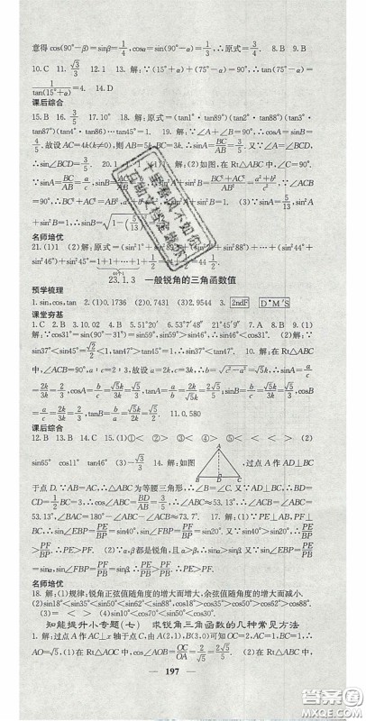 四川大学出版社2020秋名校课堂内外九年级数学上册沪科版答案