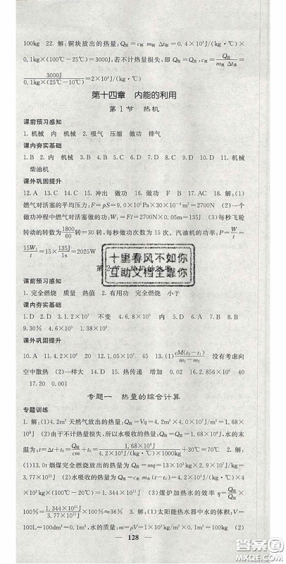 四川大学出版社2020秋名校课堂内外九年级物理上册人教版答案