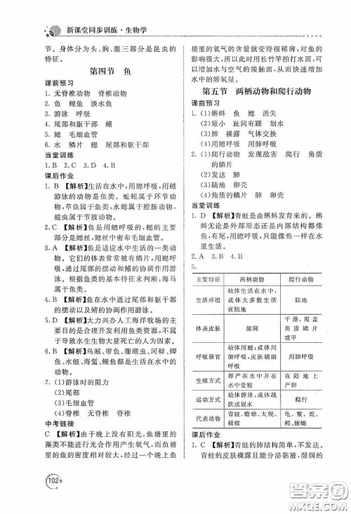 北京教育出版社2020新课堂同步训练八年级生物学上册人教版答案