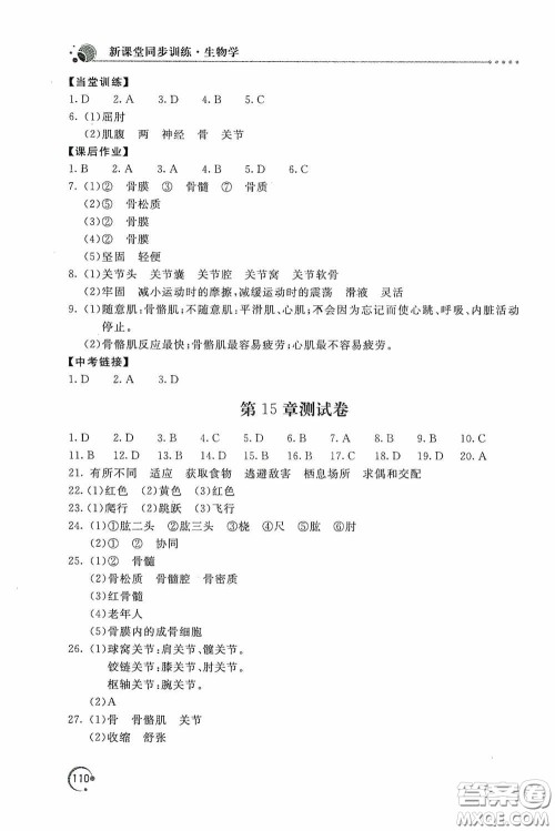 北京教育出版社2020新课堂同步训练八年级生物学上册北师大版答案