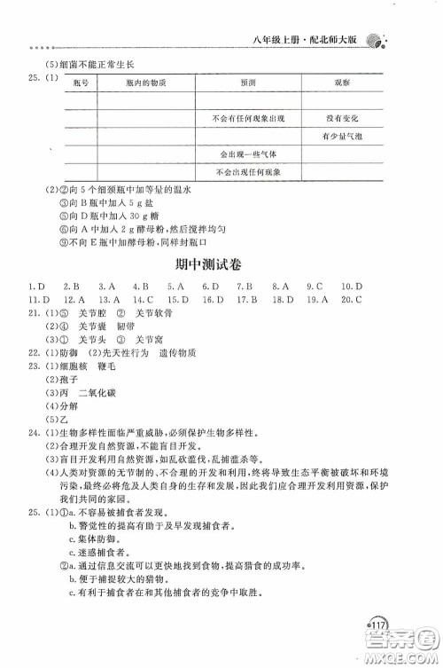 北京教育出版社2020新课堂同步训练八年级生物学上册北师大版答案