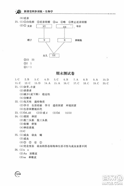 北京教育出版社2020新课堂同步训练八年级生物学上册北师大版答案