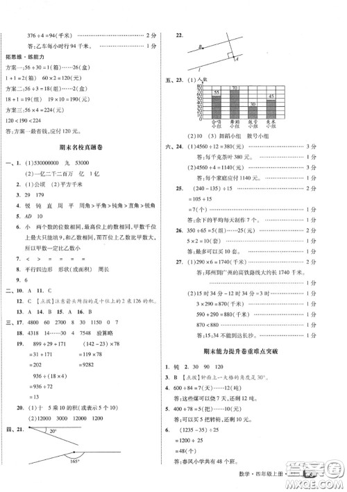 天津人民出版社2020秋全品小复习四年级数学上册人教版答案