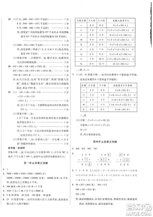 天津人民出版社2020秋全品小复习三年级数学上册人教版答案