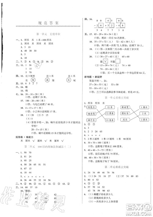 天津人民出版社2020秋全品小复习二年级数学上册人教版答案