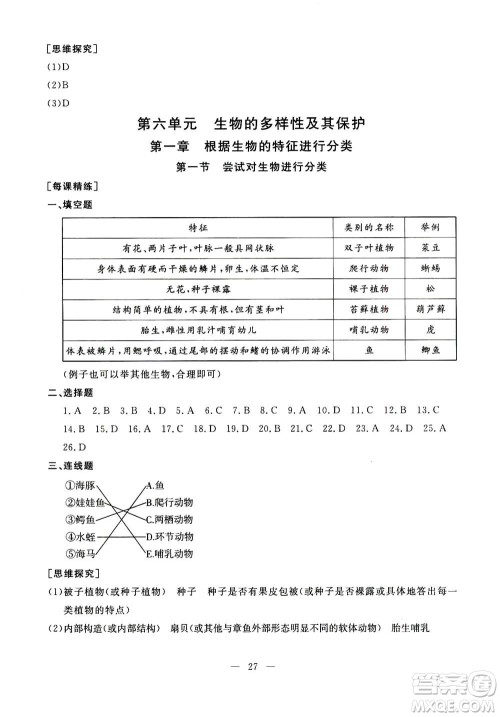 吉林教育出版社2020年一对一同步精练测评生物八年级上册RJ人教版参考答案