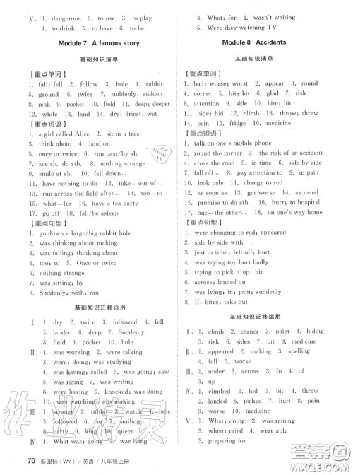 阳光出版社2020秋全品小复习八年级英语上册外研版答案