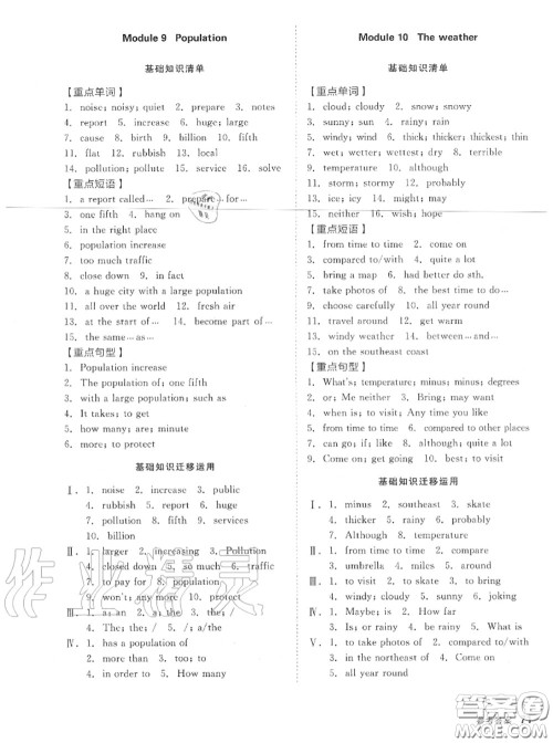 阳光出版社2020秋全品小复习八年级英语上册外研版答案