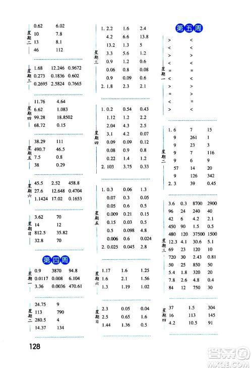 2020年经纶学典口算达人五年级数学上册RJ人教版答案