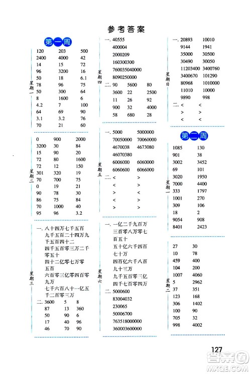 2020年经纶学典口算达人四年级数学上册BS北师版答案