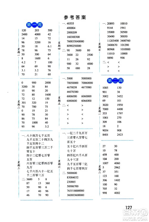 2020年经纶学典口算达人四年级数学上册BS北师版答案