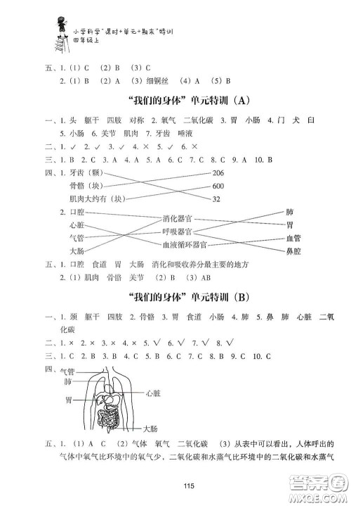 浙江教育出版社2020课时单元期末特训小学科学四年级上册答案